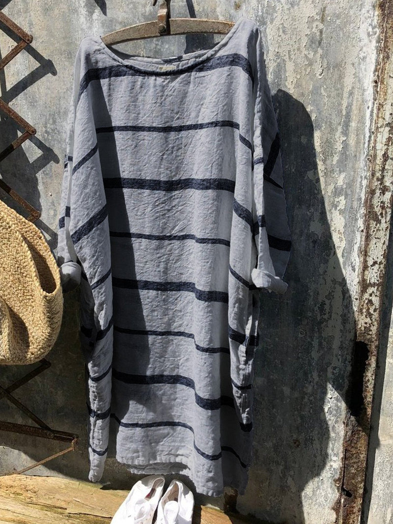 Women Summer Loose Newport Nautical Stripe Soft Linen Dresses