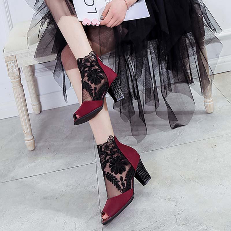 Women Fashion Net Yarn Spliced Peep Toe Sandals Pumps