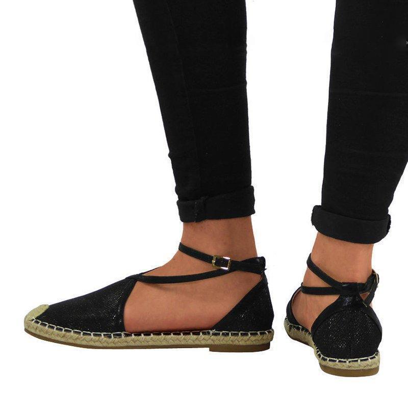 Women Flat Heel Espadrille Shoes Buckle Shining Sandals