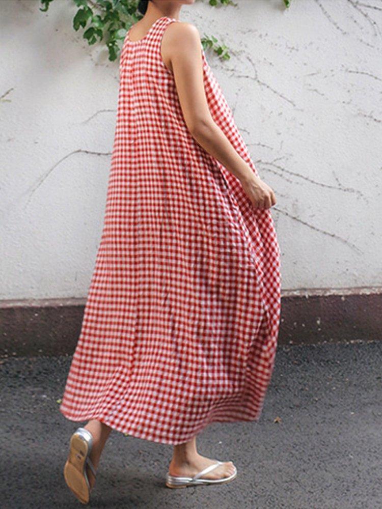 Casual Square Neck Cocoon Plaid Dress