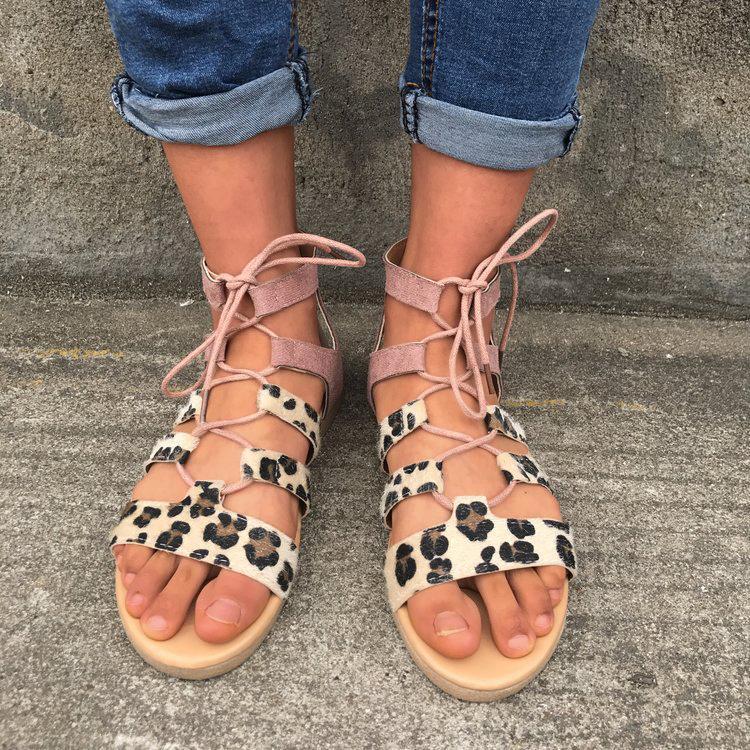 Leopard Patchwrok Lace-up Sandals Peep-toe Shoes