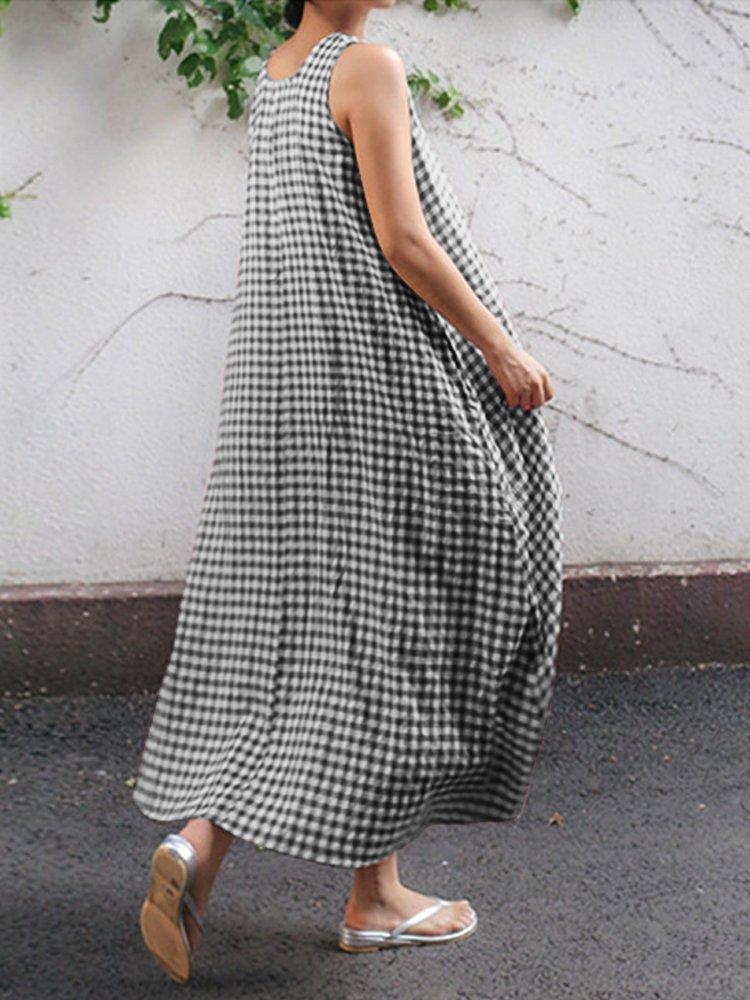 Casual Square Neck Cocoon Plaid Dress