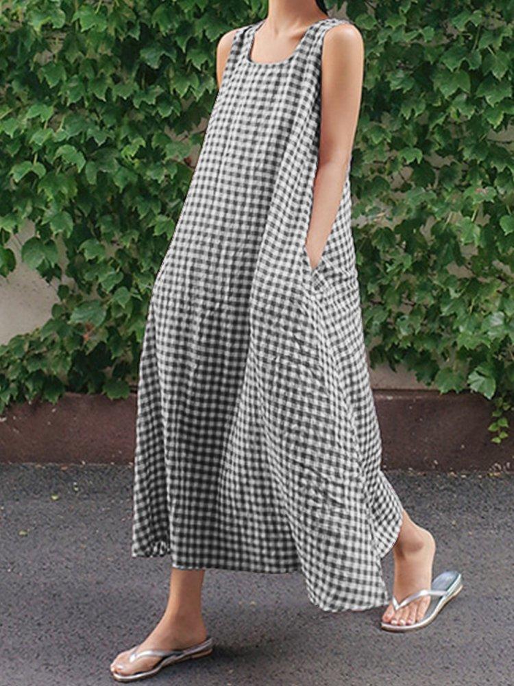 Casual Square Neck Cocoon Plaid Dress