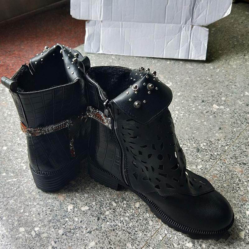 Women Studded Goth Zip Combat Ankle Boots Hollow Carved Tube Buckle Martin Boots